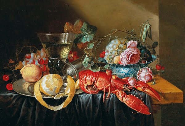 A still life with fruit and a boiled lobster
