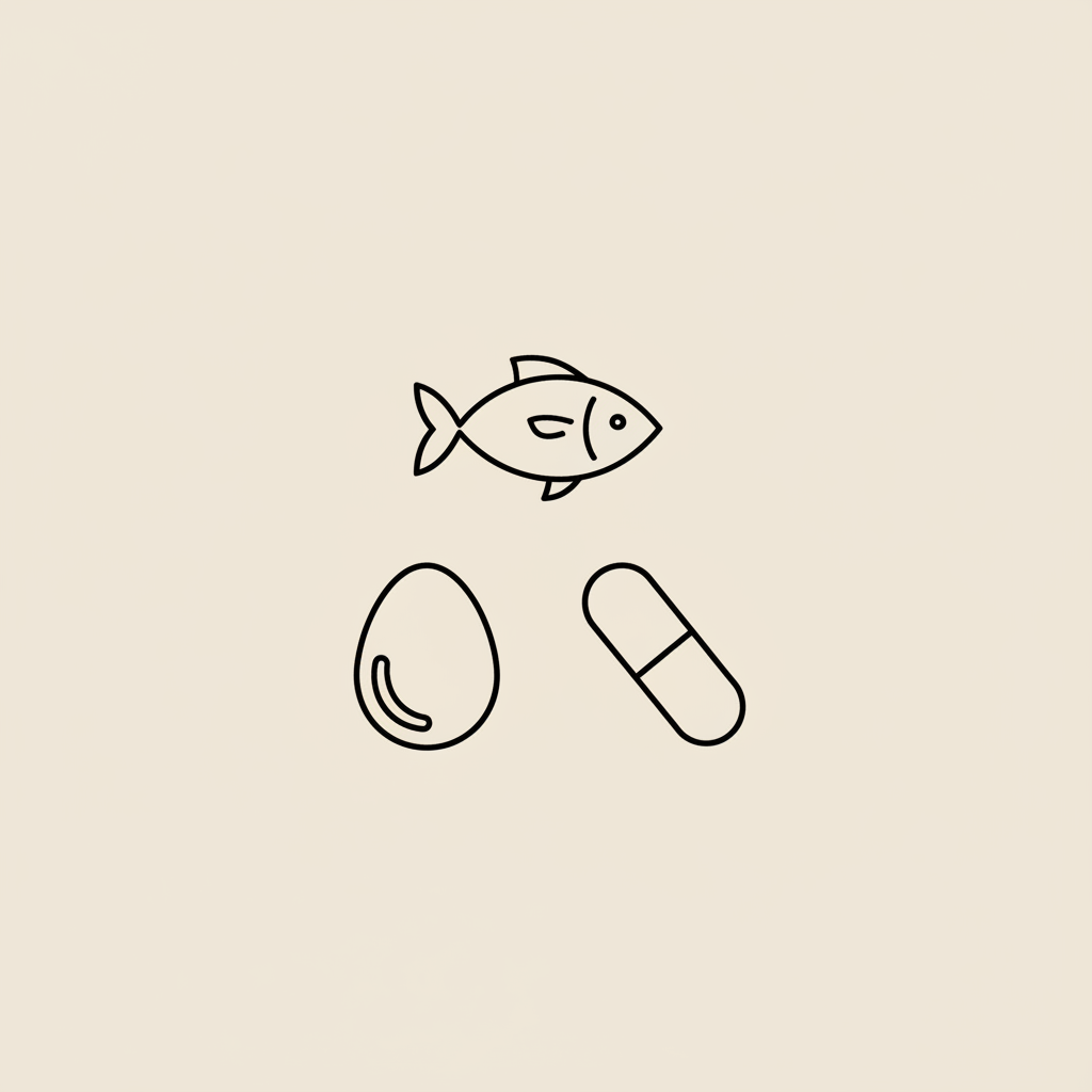 Can you have too much B12? Minimalist vector line illustration of a fish, an egg, and a capsule arranged in a balanced triangle on a beige #F2E5D5 background.