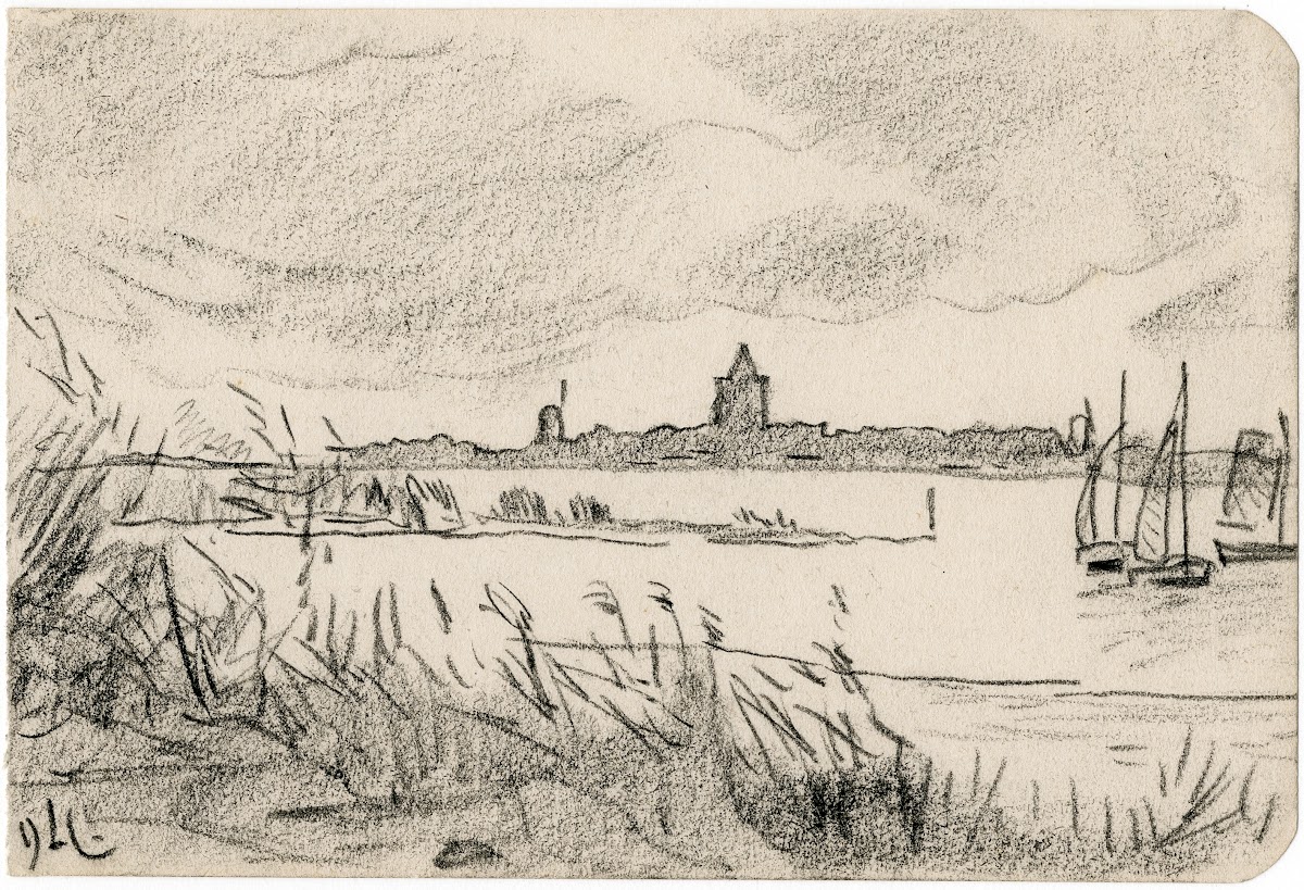 Gezicht op dorp aan een meer
