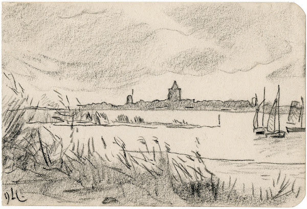 Gezicht op dorp aan een meer