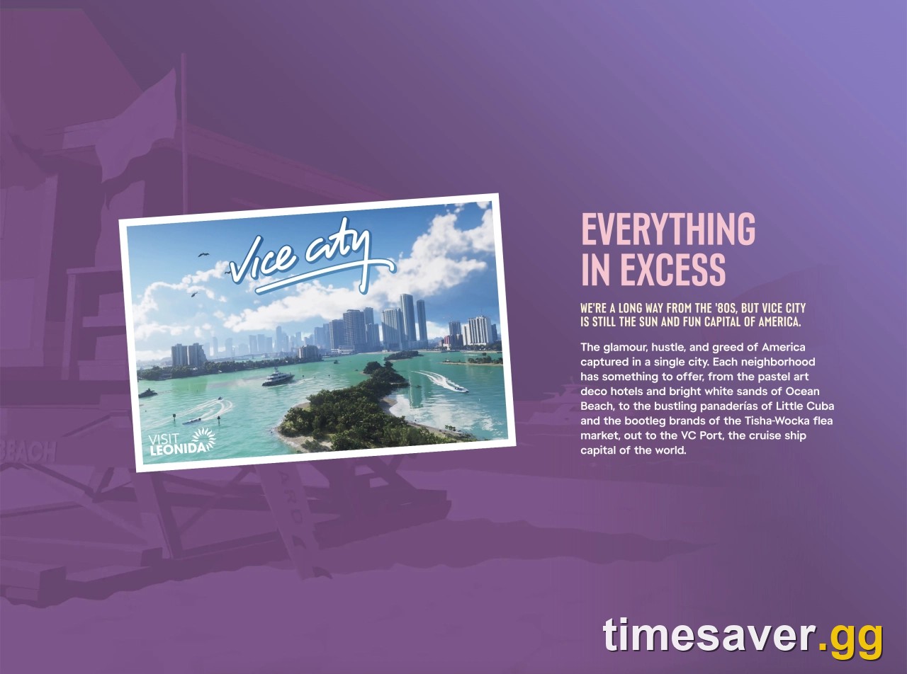 Official Grand Theft Auto VI website Vice City "Everything in Excess" feature graphic