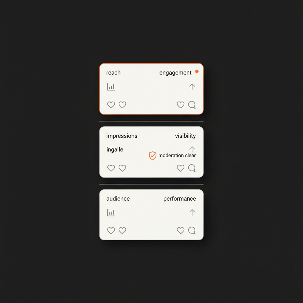 Minimal vector infographic of a full-frame mobile social feed with highlighted posts and small icons (likes, comments, shield) in brand colors for shadow ban removal.