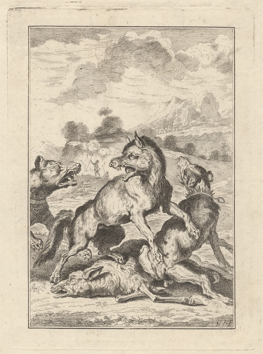 Two hunting dogs a wolf and a sheep 18th Century