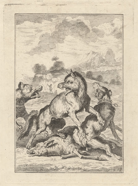 Two hunting dogs a wolf and a sheep 18th Century