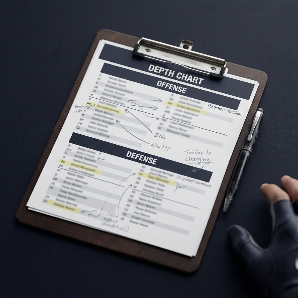 Close up of coach clipboard depth chart with roster names blurred showing strategy notes for Common College Football Trading Mistakes on a dark minimalist Funded Plays branded background