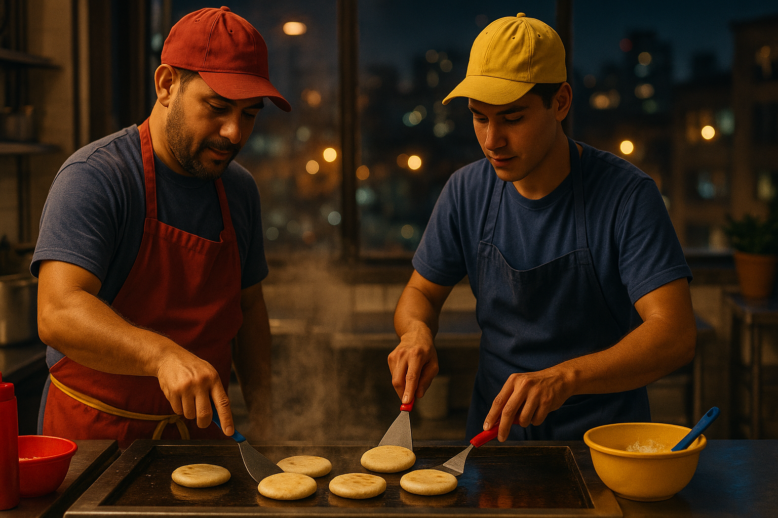 Cocineros venezolanos en una cocina compartida preparando arepas