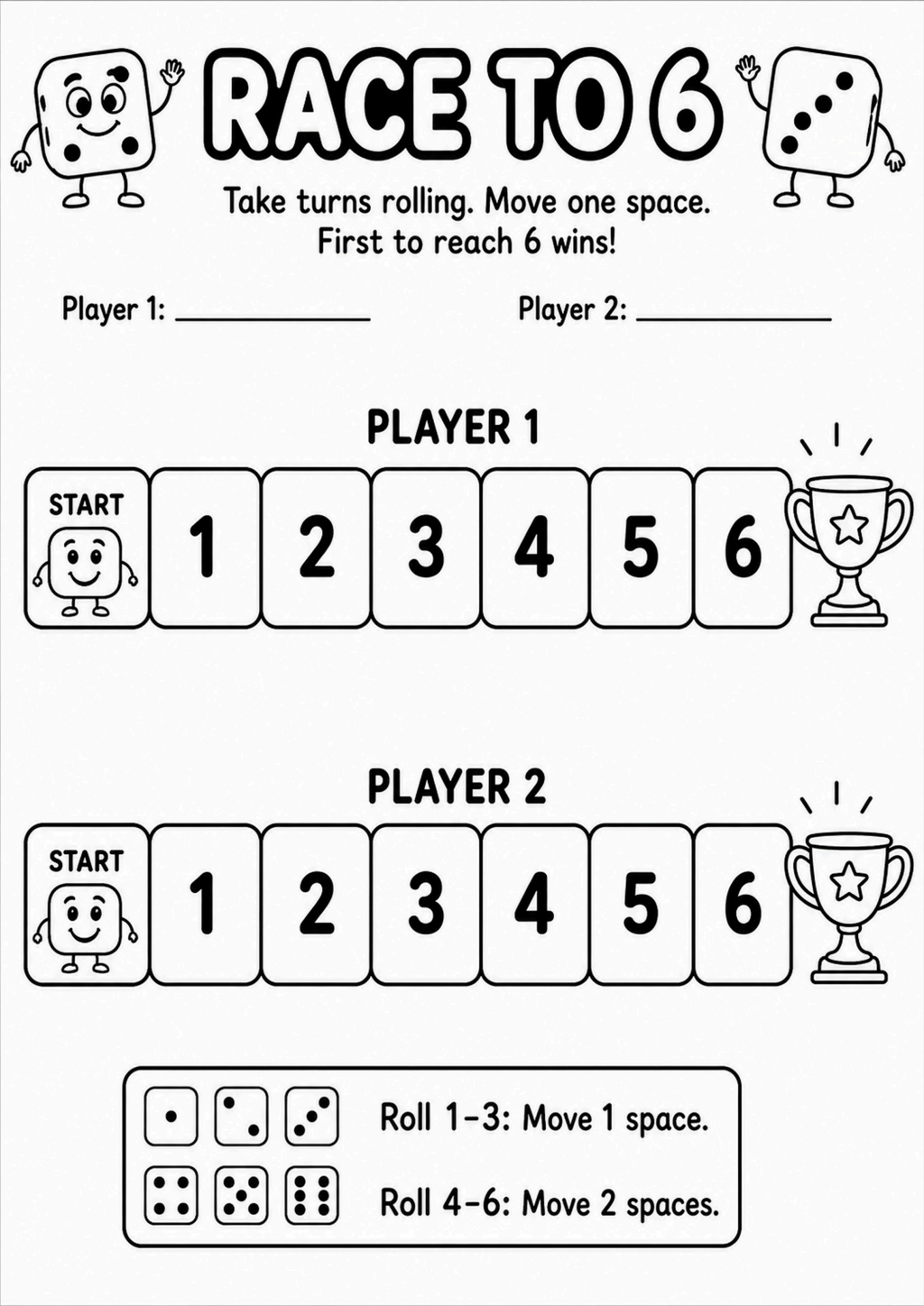 Race to 6 Dice Game Worksheet