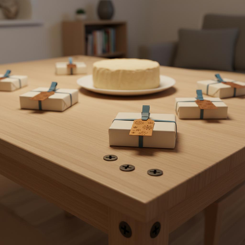 Nahaufnahme eines Esstisches mit individuell verpackten Geschenken, Gravur- und Metalldetails sowie Vanillekuchen in warmer, industriell-wohnlicher Stimmung – geschenkideen goldene hochzeit