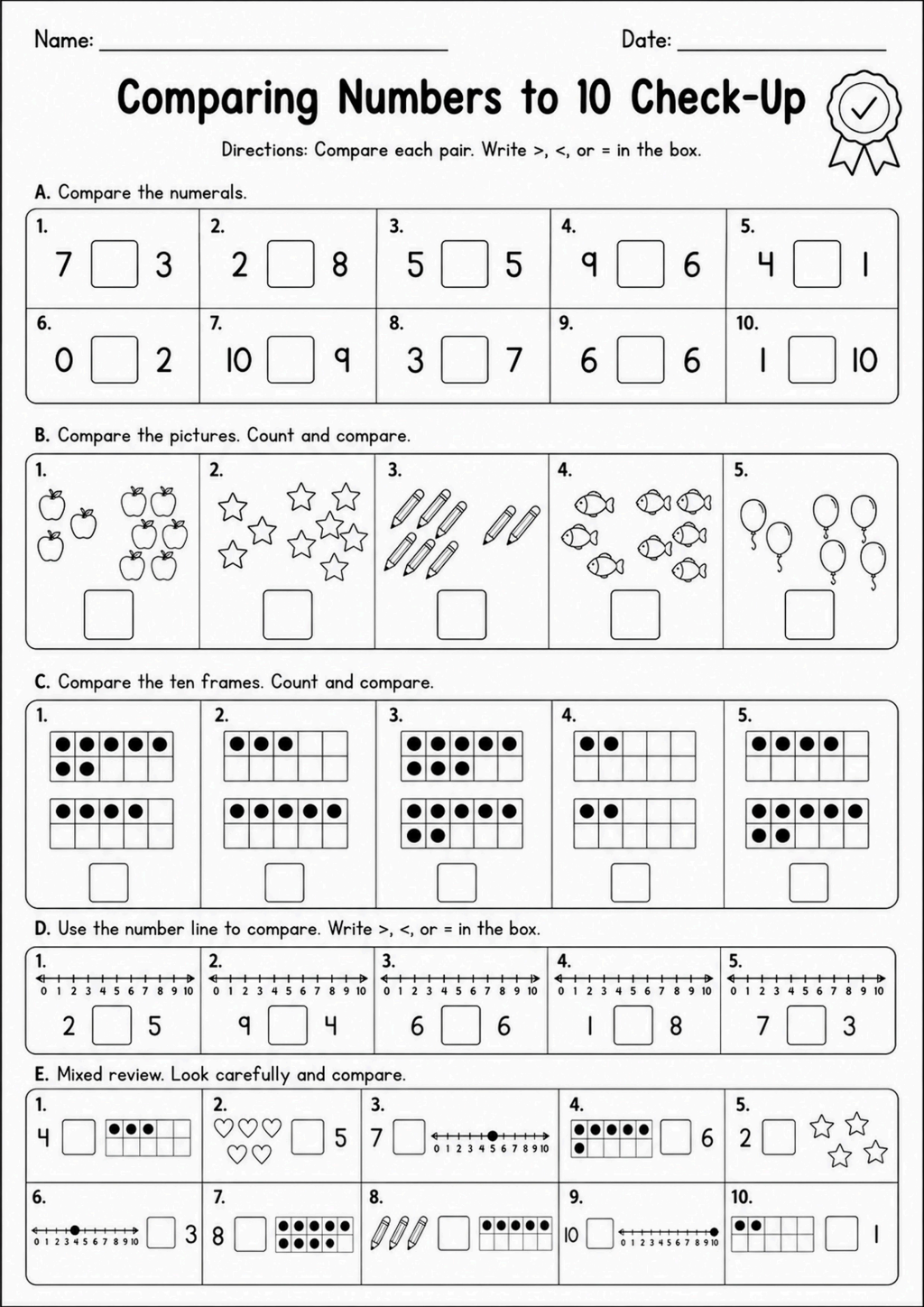 Comparing Numbers to 10 Check-Up Worksheet