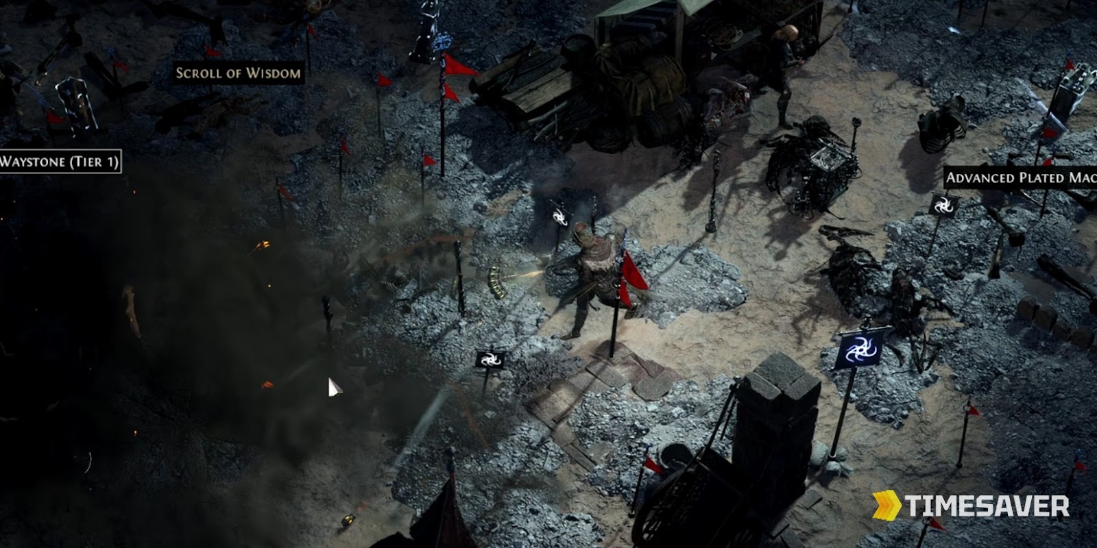 PoE2 Expedition aftermath strewn with currency and gear drops — one of the most currency-dense mechanics, buffed in 0.5.2