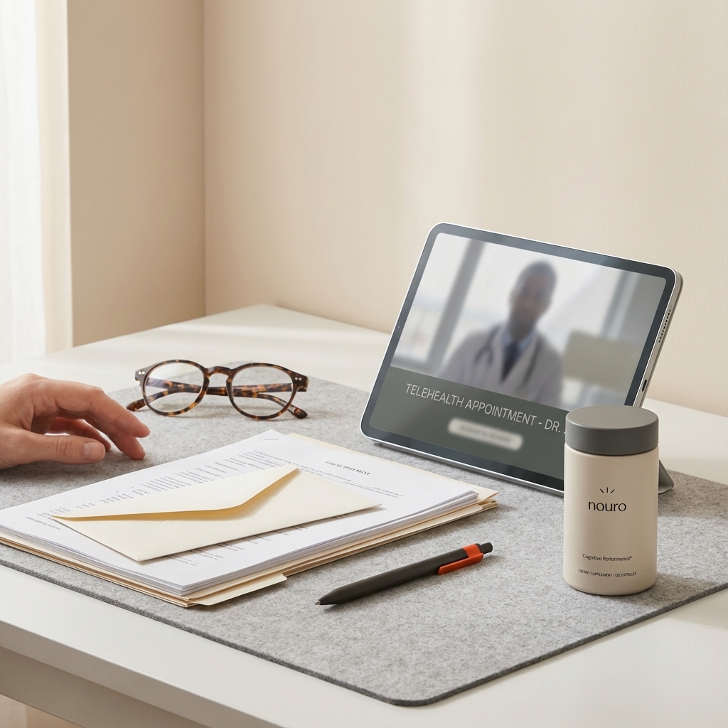 Minimalist desk with legal papers, tablet showing a telehealth appointment and a Tonum Nouro bottle, conveying calm planning for early-onset Alzheimer's life expectancy