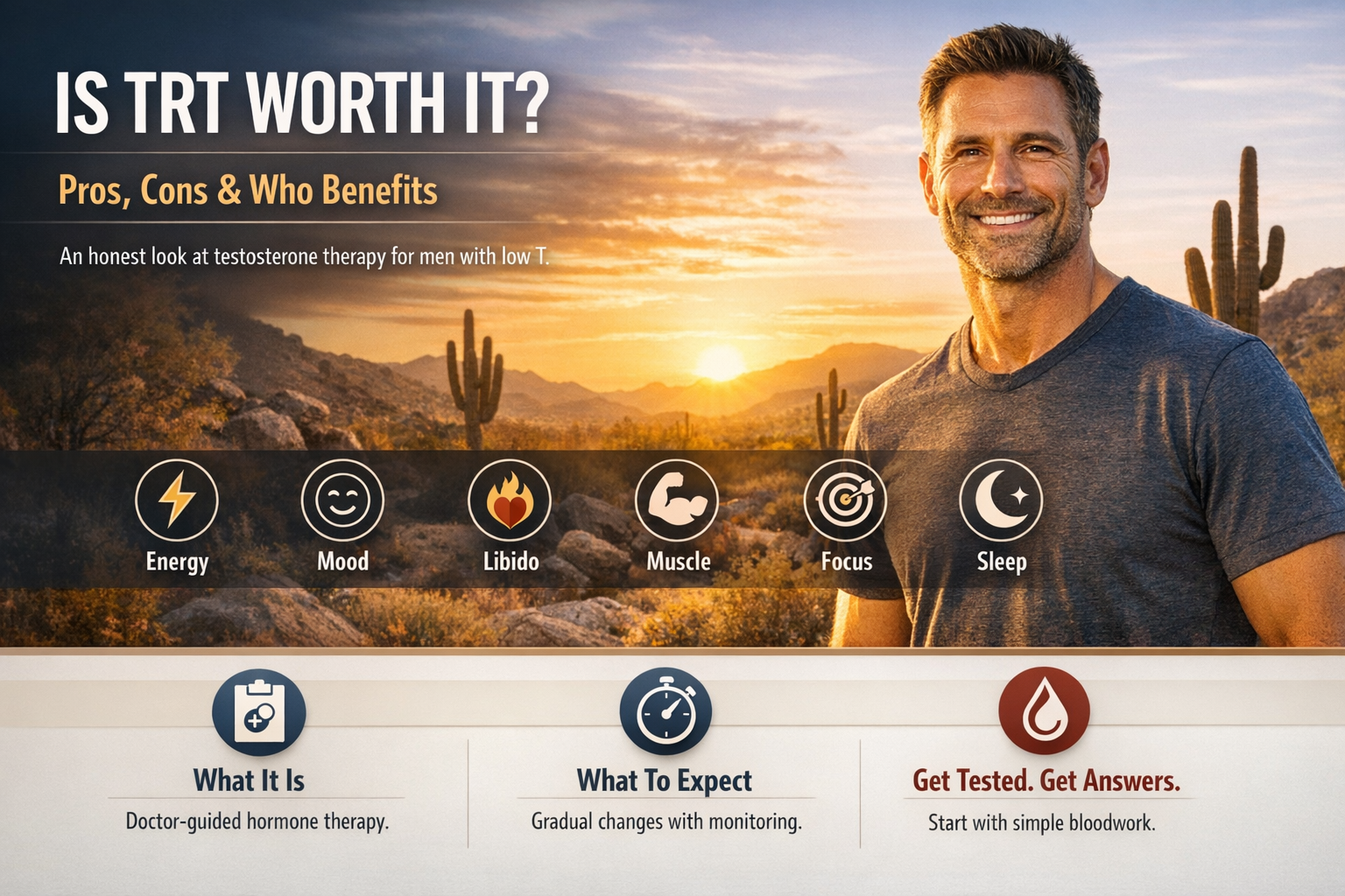 Is TRT Worth It? Pros, Cons & Who Actually Benefits — AZTRT Arizona TRT clinic blog cover showing a confident man outdoors in the Arizona desert with an infographic of energy, mood, libido, muscle, focus and sleep
