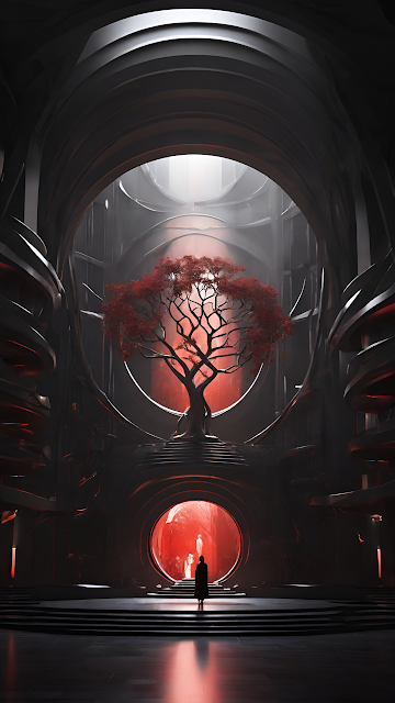 Silhouetted Figure Before Red Tree in Futuristic Dome - Free mobile Wallpaper