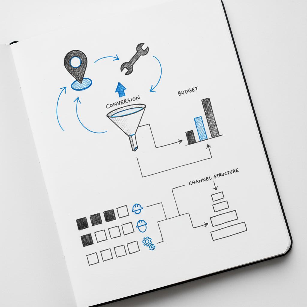 Notebook-style planning sketches for plumbing leads showing a map pin, wrench icon, customer flow arrows and a small budget bar chart on white background with blue accents.
