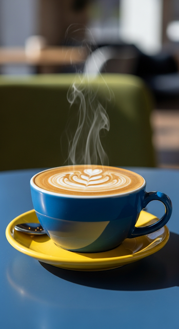 Close-up of Steaming Coffee Cup with Latte Art on Vibrant Yellow and Blue Table - Free mobile Wallpaper