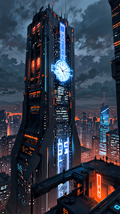 Dystopian Clock Tower Skyscraper with Neon Blue Accents