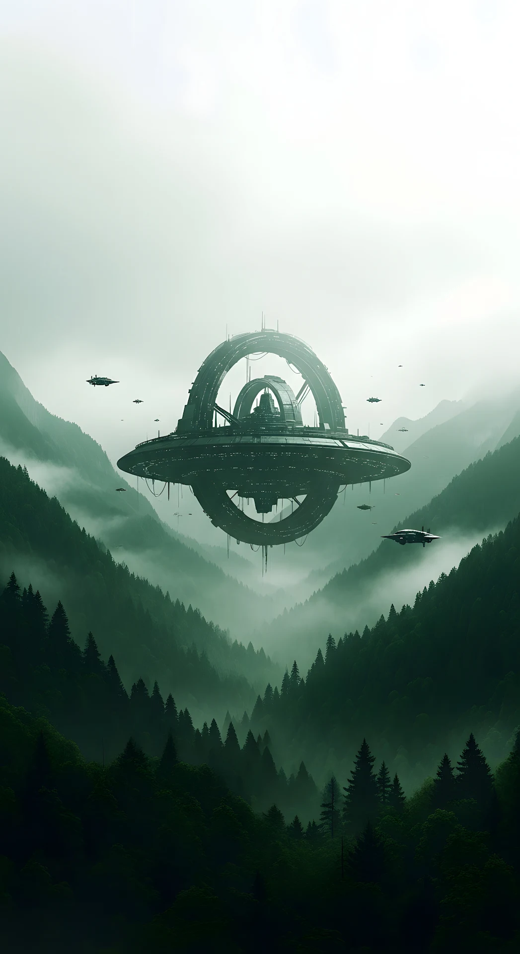 Sci-Fi Concept Art of Futuristic Floating Structure Above a Foggy Green Valley - Free 4K mobile Wallpaper