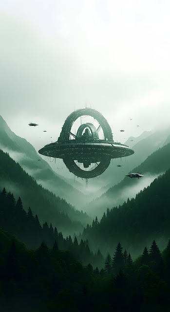 Sci-Fi Concept Art of Futuristic Floating Structure Above a Foggy Green Valley - Free mobile Wallpaper