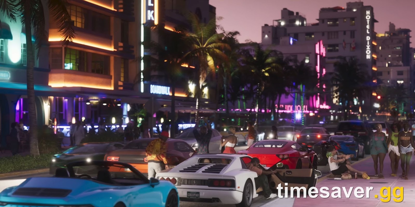 Neon Vice City nightlife boulevard in GTA 6 — bars and clubs appear as world set dressing, not confirmed ownable businesses
