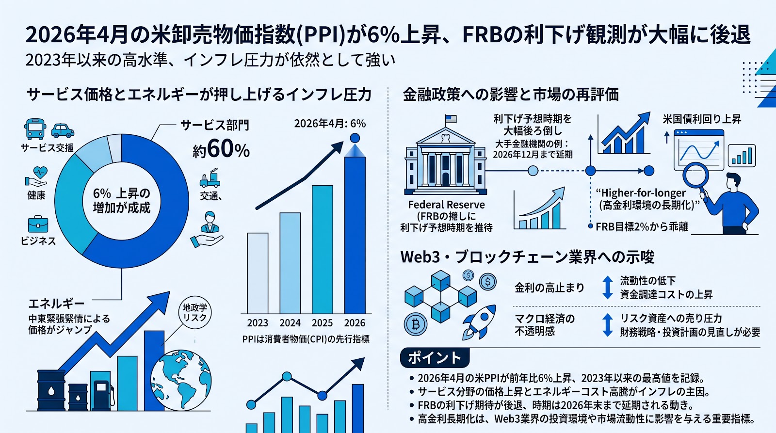 2026年4月の米卸売物価指数が6%上昇、FRBの利下げ観測が大幅に後退
