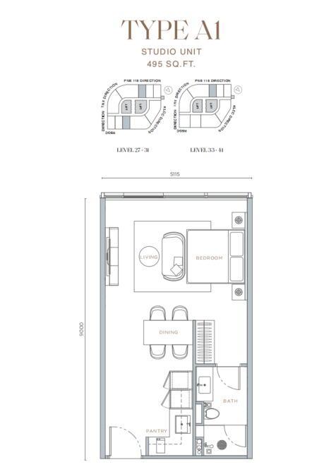 Orion Residence Type A1 floor plan — 491 sq ft, 1 bedrooms