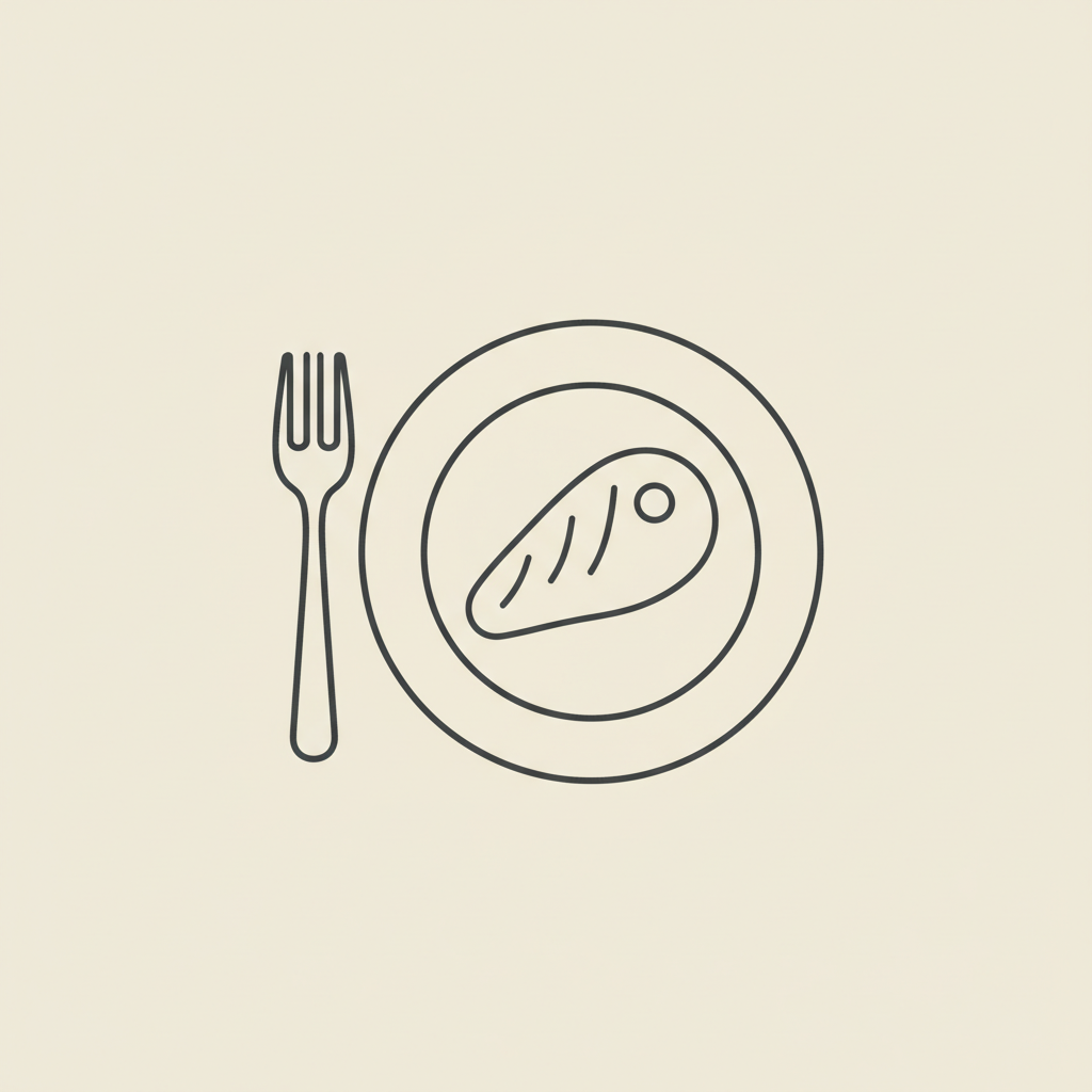 Minimal Tonum-style line illustration of a plate with a fork and a small protein portion on a beige background, representing portion control and bariatric surgery.