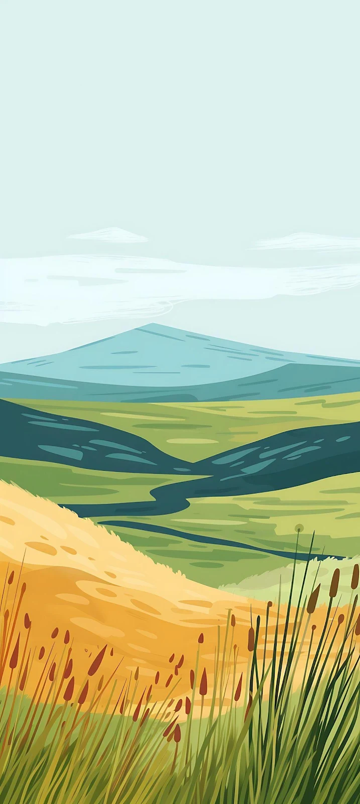 Minimalist Mountain Valley Landscape - Vector Illustration Full HD iPhone Wallpaper (1080x2411)
