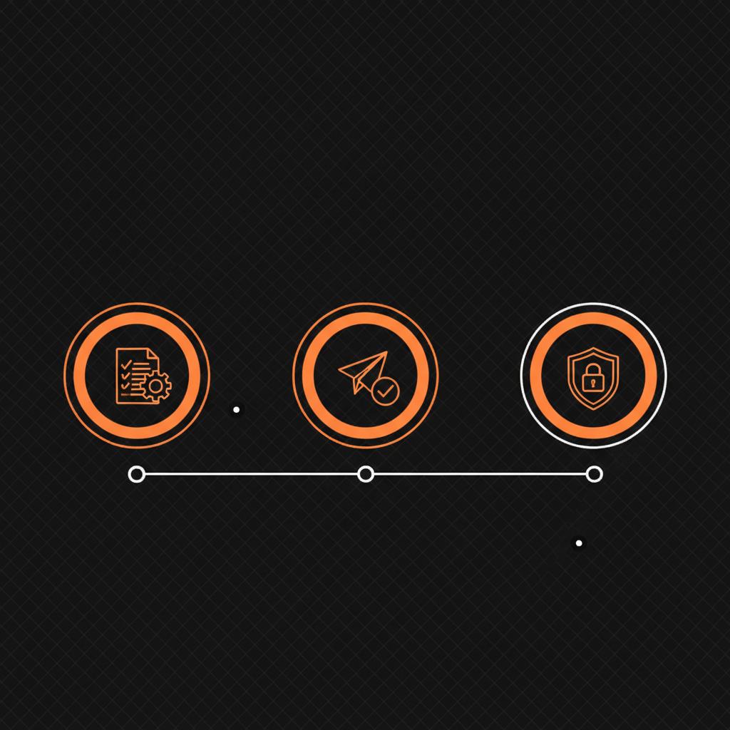 Minimal 2D vector timeline infographic with three icon steps (prep, apply, protect) on a black background, clean accents in #dc5c2b and #dddddd illustrating blue tick cost Instagram