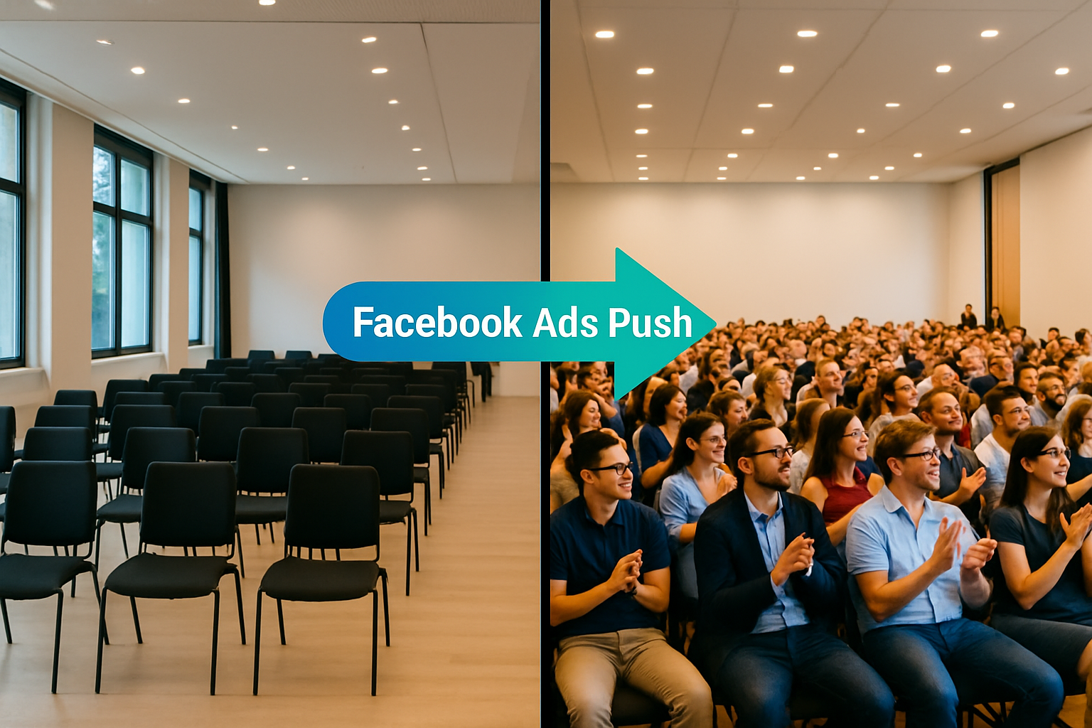 Side-by-side images of empty and full event spaces