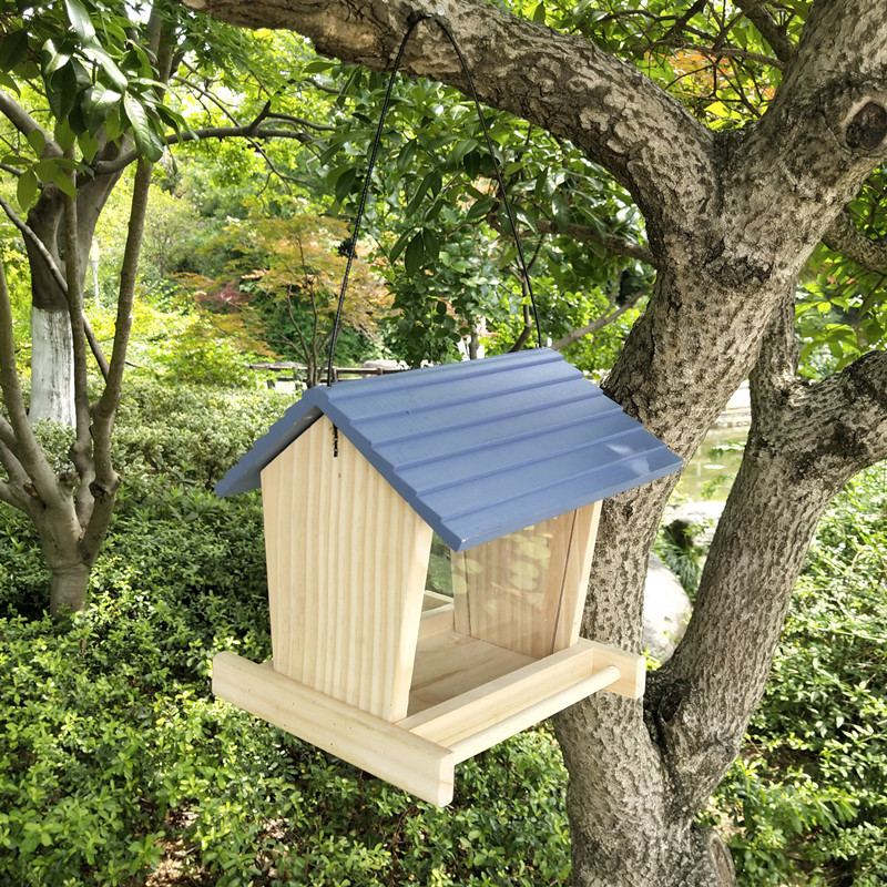 Rustic hanging bird feeder made of pine wood