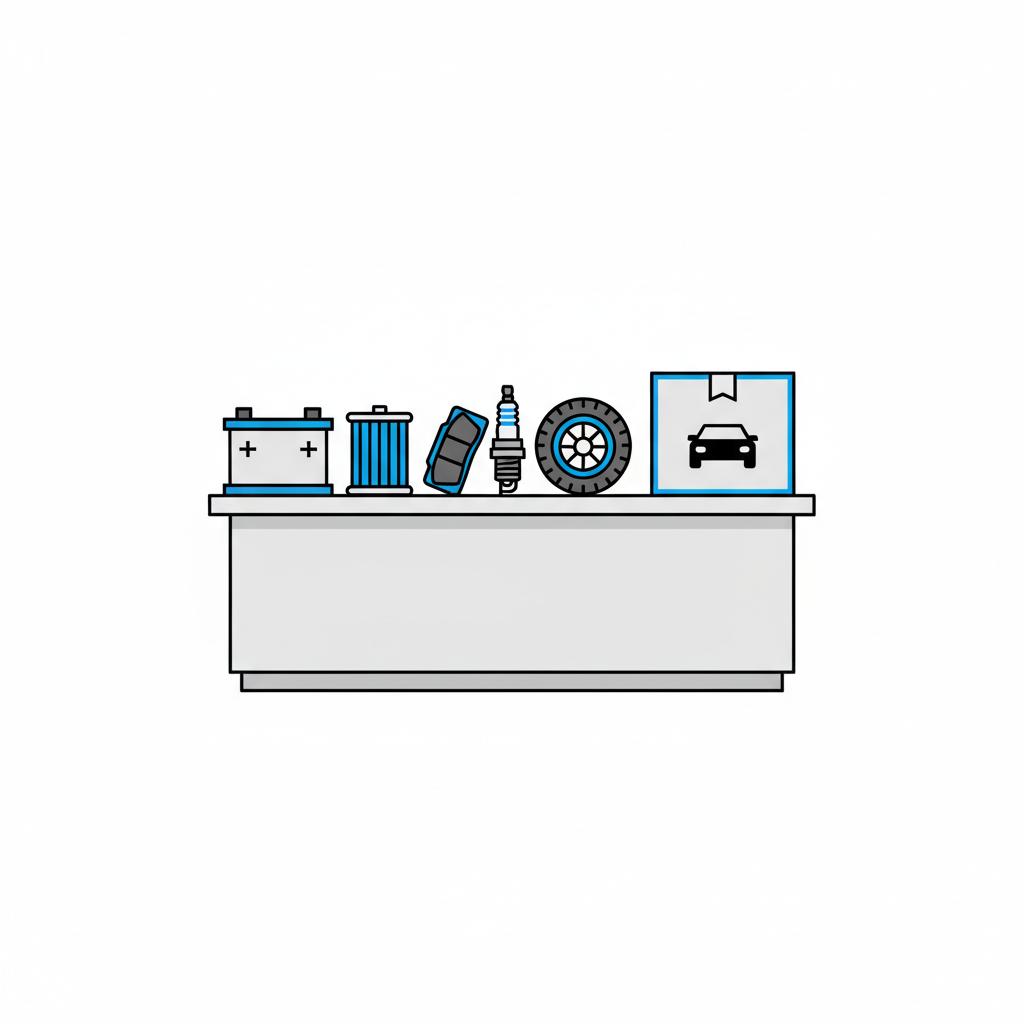 Minimalist vector parts counter with common automotive parts and a boxed model specific component representing parts sourcing gmc car dealer near me