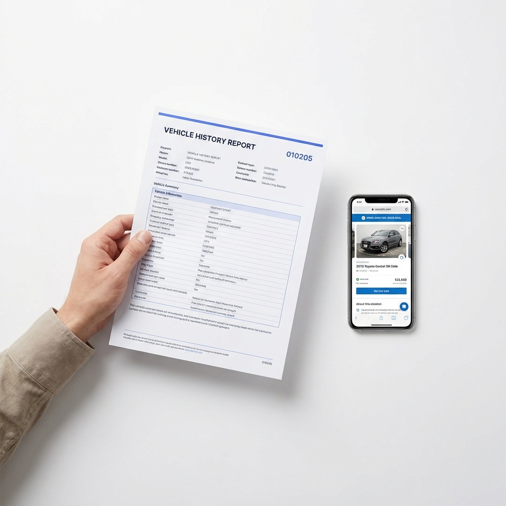 Hand holding printed vehicle history report next to smartphone showing price analysis badge on listing page at bmw car dealership near me clean white background minimalist aesthetic