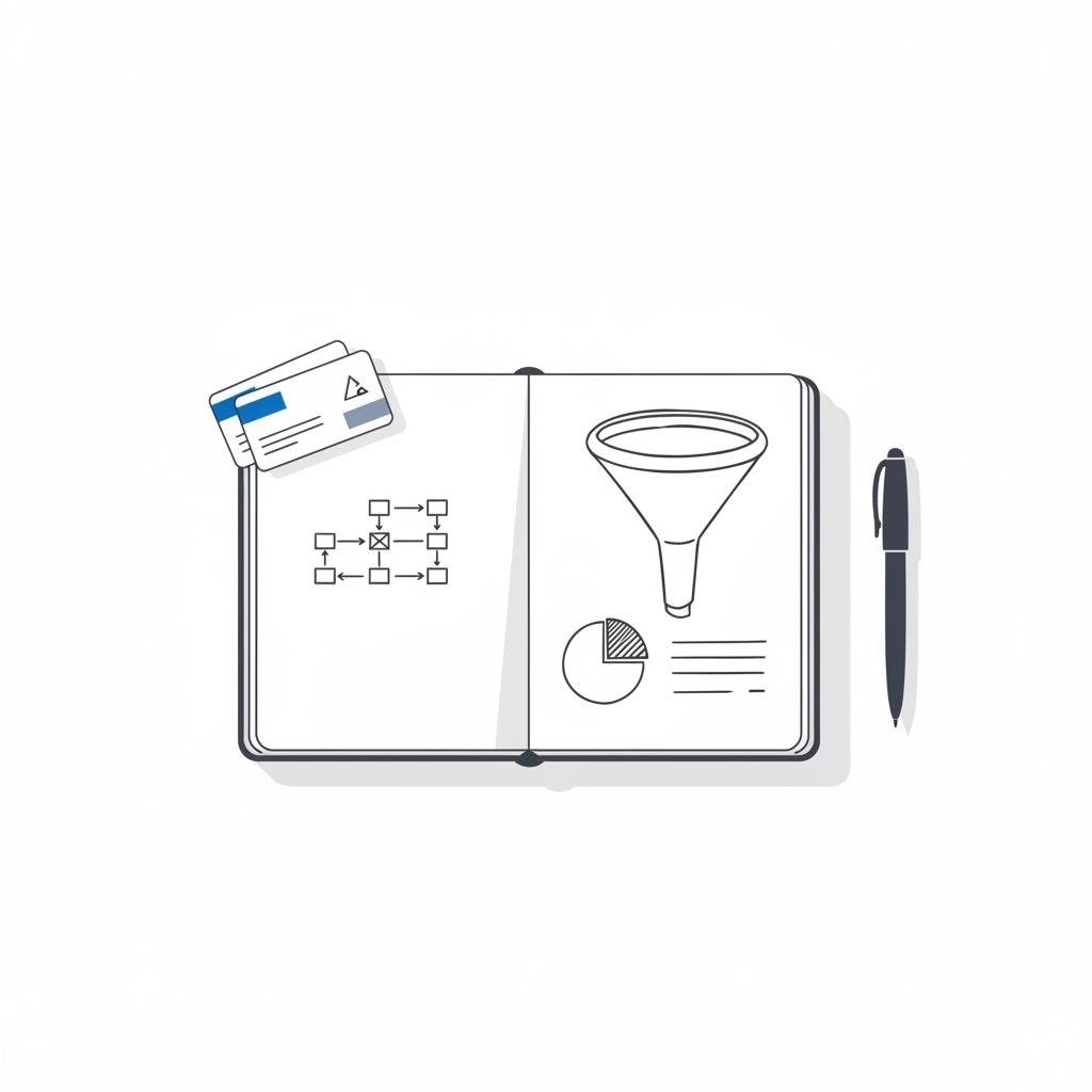 Flat-lay 2D vector desk scene: open notebook with sketched marketing funnel, pen, and three color-tabbed notes representing questions, answers, stories &mdash; best marketing company for small business