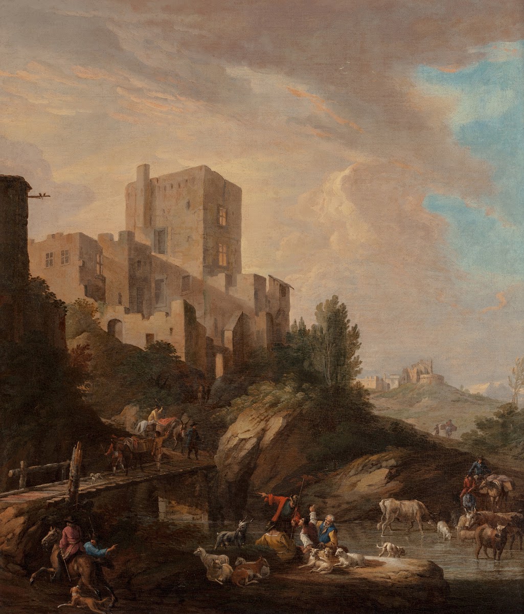 Drovers watering their goats and cattle by a river with travelers crossing a bri
