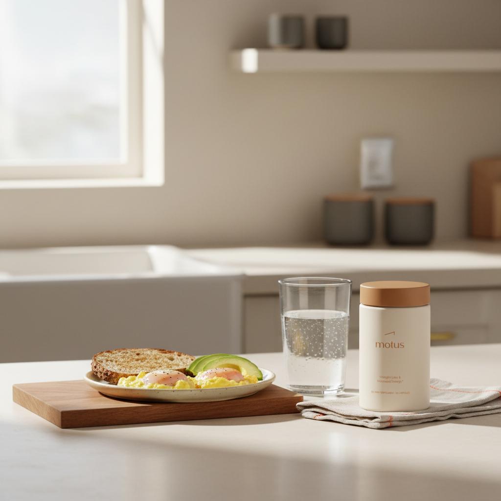 Minimalist kitchen counter with Tonum Motus supplement next to a balanced breakfast of eggs, avocado, whole-grain toast and water, illustrating how to lose weight without exercise.