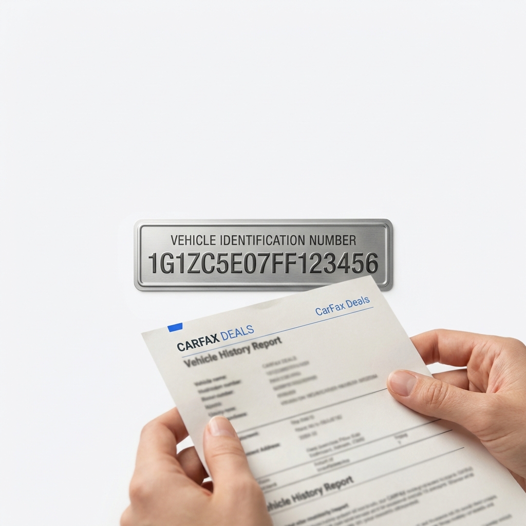 Close up of a VIN plate and hands holding a vehicle history report on white background in CarFax Deals style with blue accents yukon gmc for sale