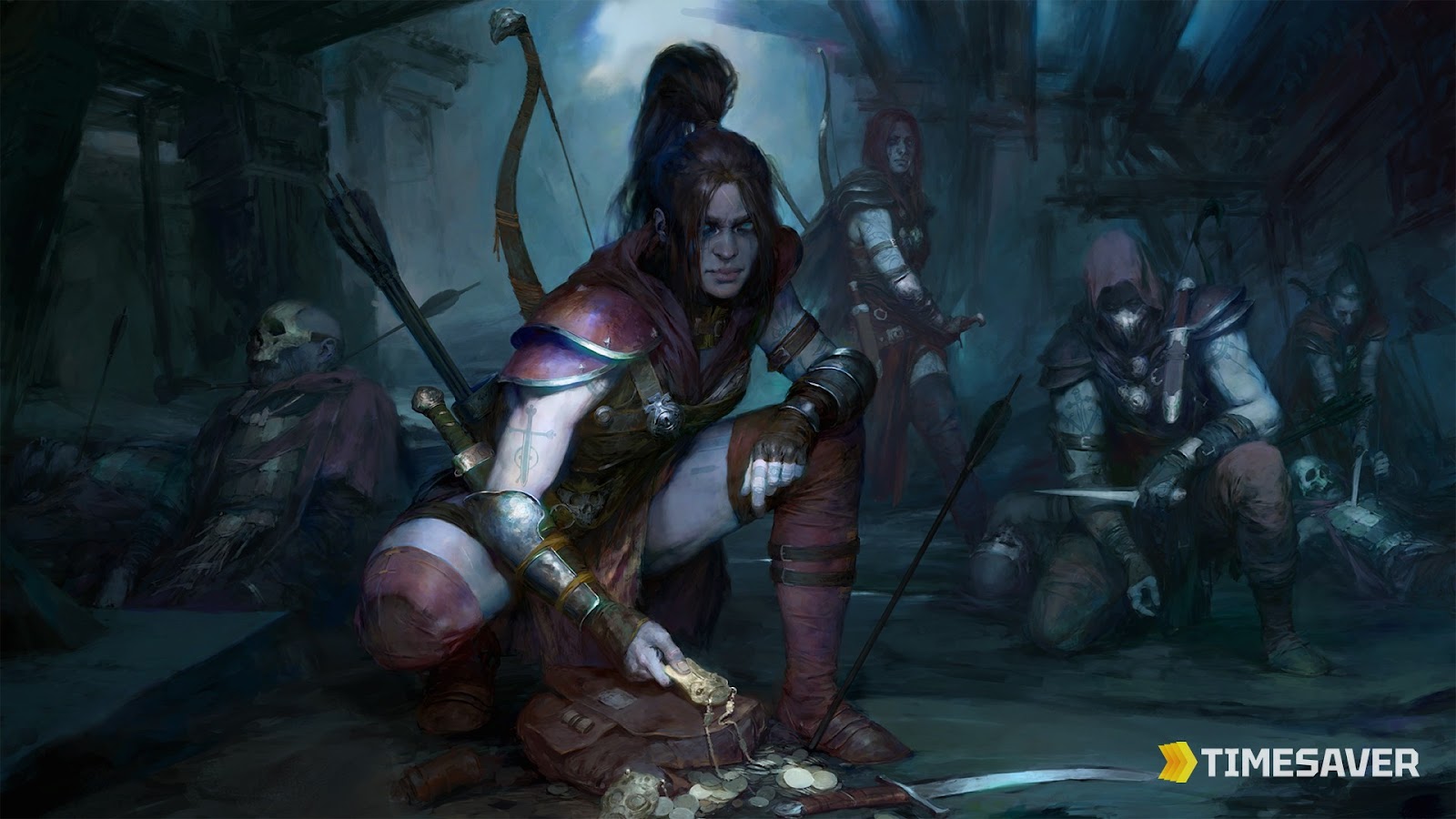 A Diablo IV Rogue kneeling over looted gold in a torchlit crypt surrounded by fallen enemies