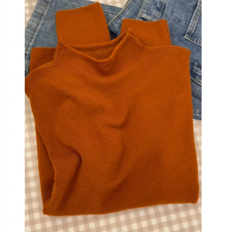 Women's knitted sweater with stand-up collar, versatile basic