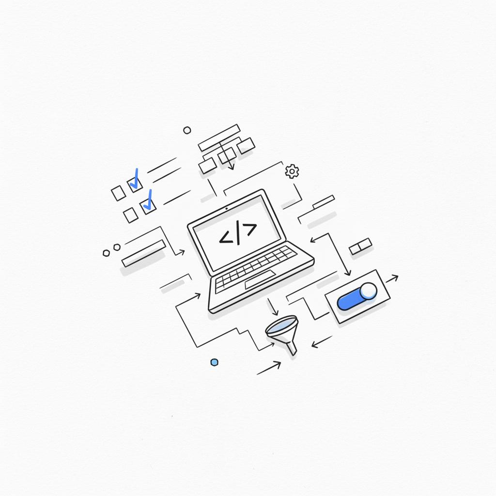 Top-down minimalist workspace sketch with checklist, laptop showing HTML tag icon and privacy toggle &mdash; visual plan for AdSense eligibility technical preparation.
