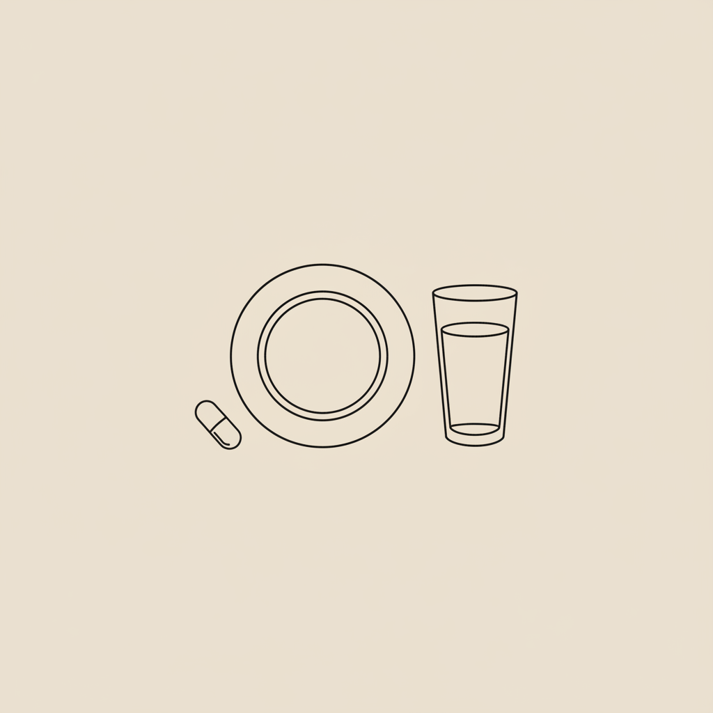 Minimalist line illustration of a plate, water glass and single capsule on beige background for a diet coach article