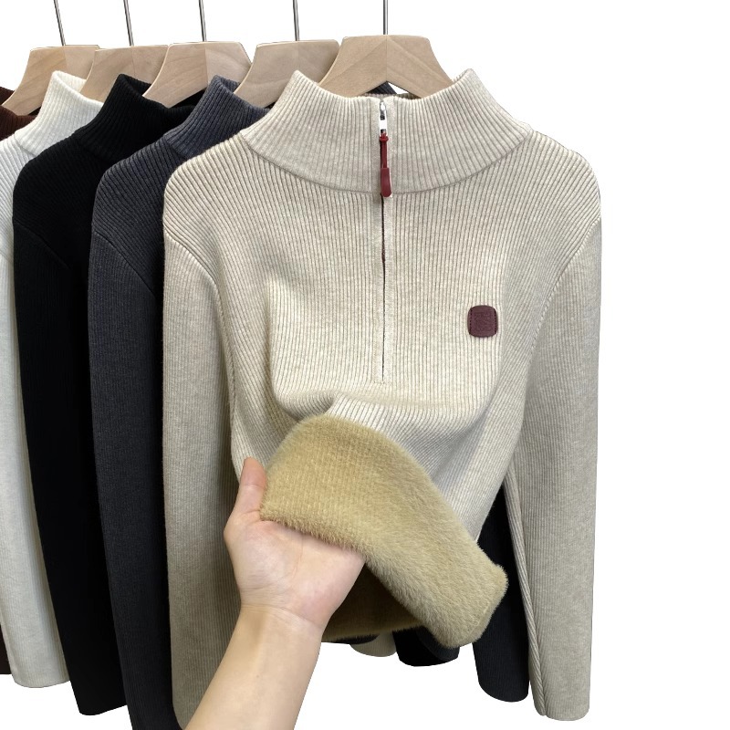 Damen-Strickpullover mit Stehkragen und Fleecefutter