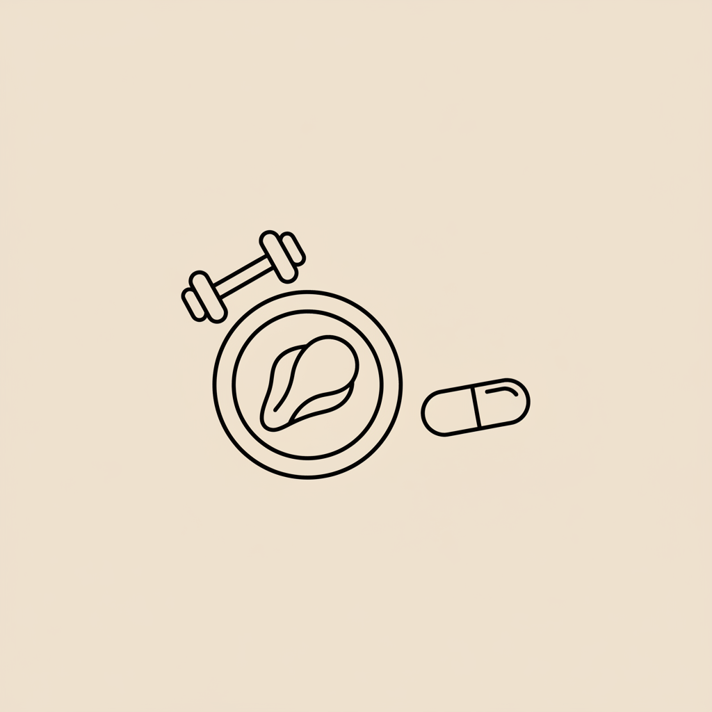 Minimal Tonum-style line illustration of a plate with a palm-sized protein portion, a dumbbell and a small capsule on beige background, symbolizing weight loss for women.