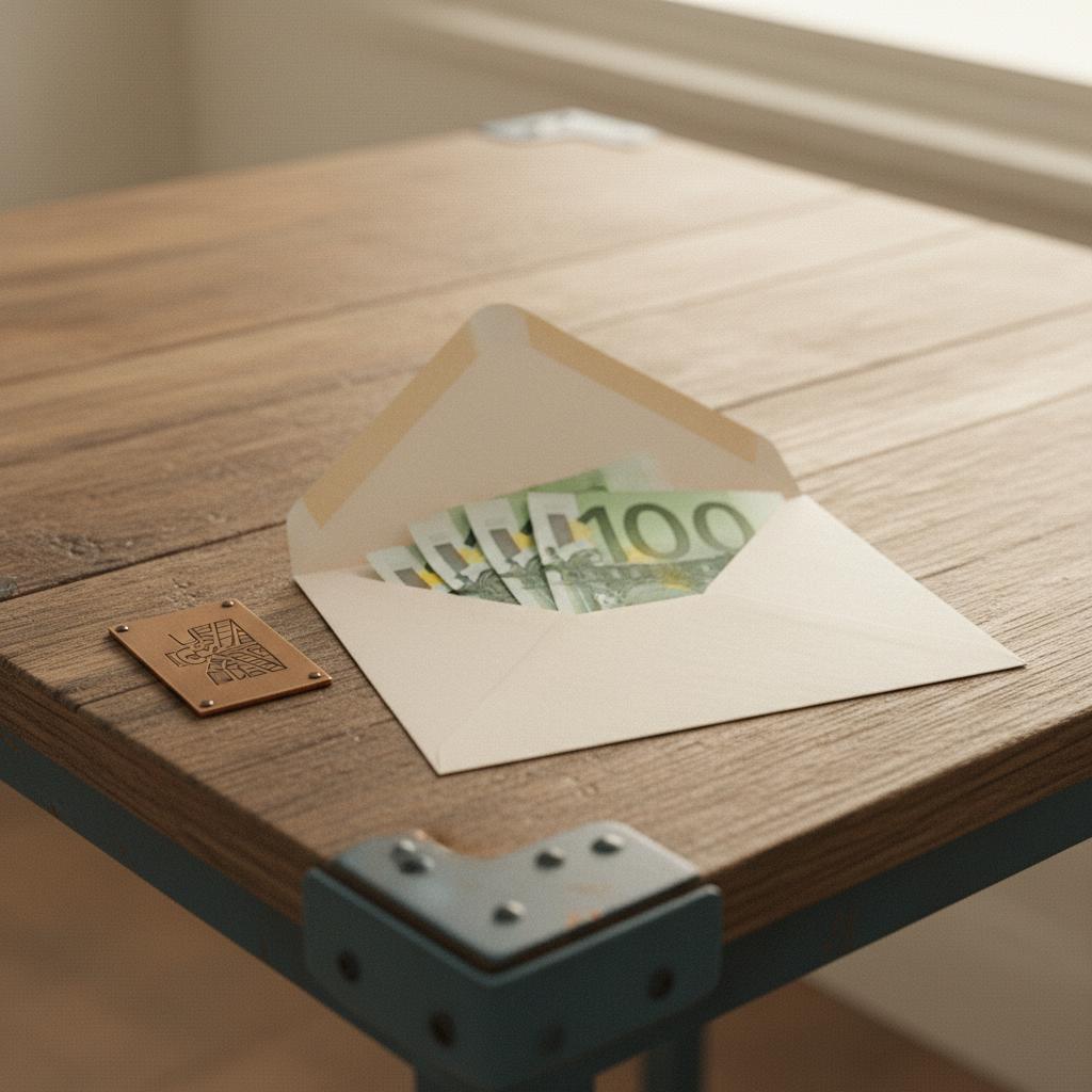 Nahaufnahme: rustikaler Holztisch mit offenem Kuvert, Geldscheinen und gravierter Metallplakette in Akzentfarbe – Wie viel Geld schenkt man zum 40. Hochzeitstag?