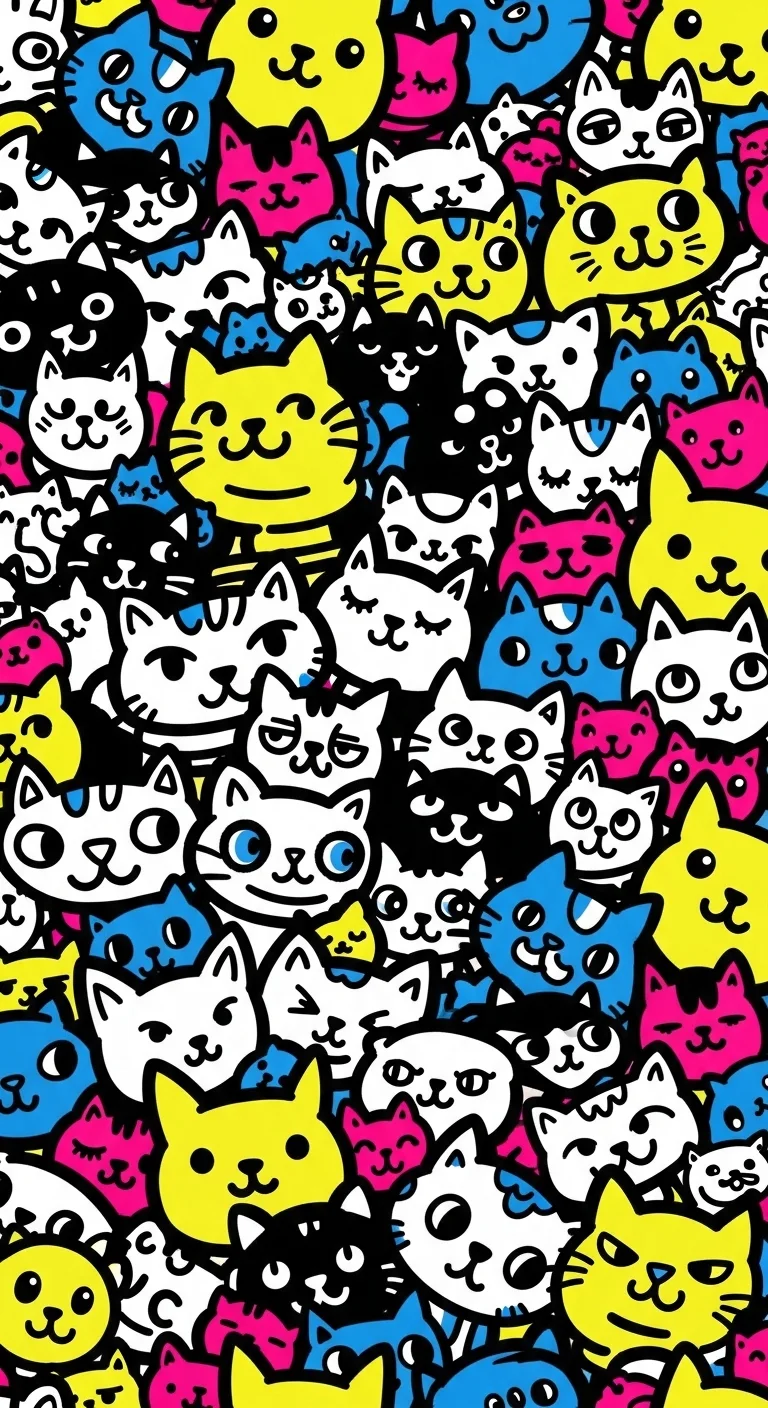 Vertical Seamless Pattern of Neon Pop Art Cat Doodles on Black and White - Free 4K mobile Wallpaper