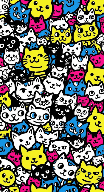 Vertical Seamless Pattern of Neon Pop Art Cat Doodles on Black and White - Free mobile Wallpaper