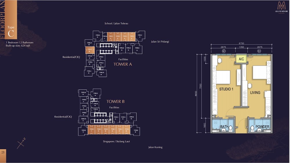 M Grand Minori Type C floor plan — 576 sq ft, 1 bedrooms