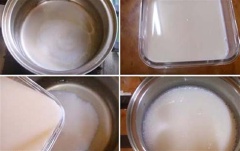 Cho sữa, nước cốt dừa và đường vào nước thạch. Đặt lên bếp đun, khuấy đều cho sôi lăn tăn trong 5 phút, bột thạch và đường tan hết là được.