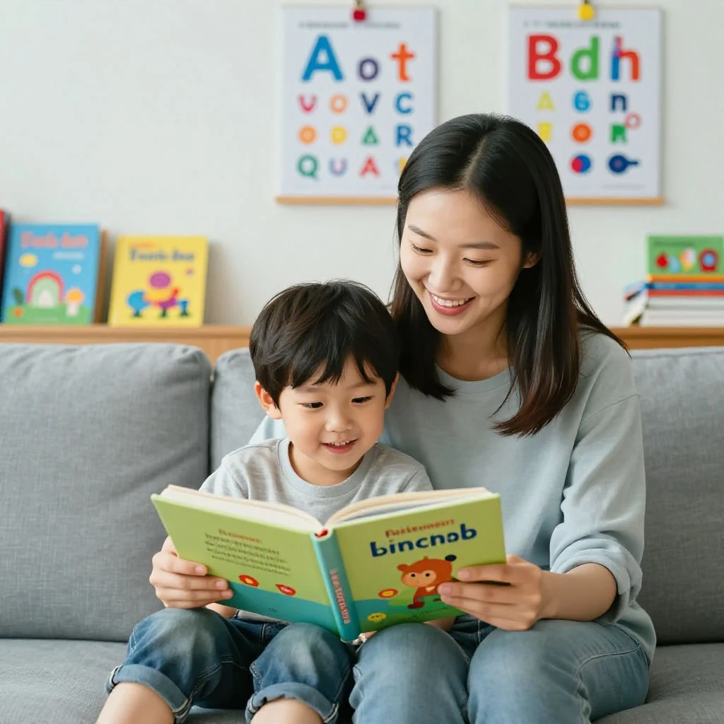 부모와 초등학생 아이가 집에서 영어 그림책을 함께 읽으며 자연스럽게 영어 환경을 만드는 모습