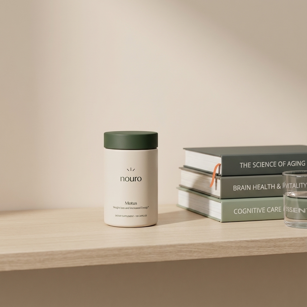 Motus supplement container on a wooden shelf beside books about aging and brain health, minimalist Tonum scene illustrating the difference between Alzheimer's and dementia