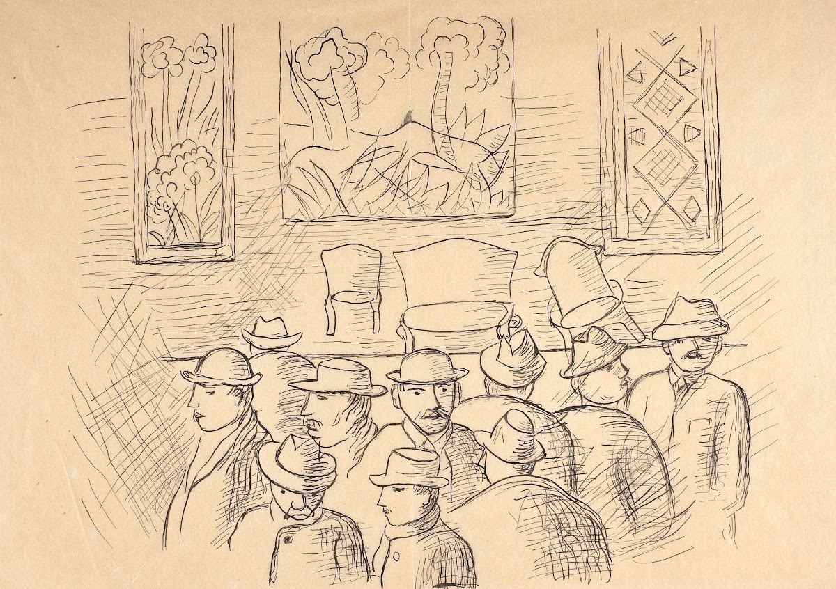 Audience group in a room with paintings from the Auction in Hôtel Drouot cycle 1
